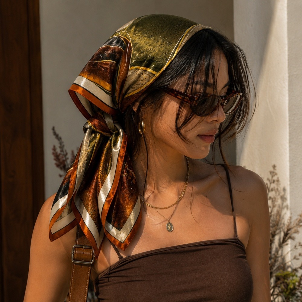 Mulberry Silk Square Scarf Abstract Nature Print Burnt Orange Green 25in x 25in